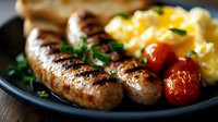 Grilled sausages served with fluffy scrambled eggs, roasted cherry tomatoes and fresh herbs on dark plate. Close up view of hearty breakfast or brunch meal.