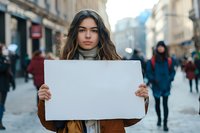 Young woman with long brown hair wearing turtleneck sweater and brown coat holds blank white protest sign on urban street with crowd in background. Mockup for text.