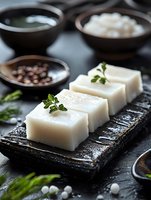Fresh white coconut jelly dessert squares garnished with mint leaves on dark wooden board, served with traditional Asian condiments in ceramic bowls.