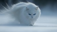White fluffy cat with piercing blue eyes walking in snow, dramatic lighting creates mystical winter atmosphere, soft focus enhances ethereal mood.