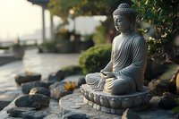 Serene Buddha statue in meditation pose on lotus pedestal, surrounded by rocks and greenery in tranquil garden setting with soft natural light.