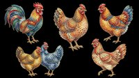 Colorful ornate rooster and hens clipart set, isolated on transparent background, ready for t-shirt design, stickers, print on demand, and sublimation projects.