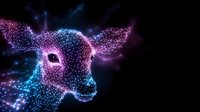 Magical glowing deer head made of luminous particles and dots in blue and purple colors against dark background, creating constellation effect.