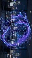 Futuristic holographic data visualization with purple and blue glowing charts floating in digital space for business analytics and financial technology presentations.
