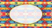 Colorful tribal geometric pattern with central oval frame, featuring vibrant red, blue, yellow, and orange native-inspired motifs. Isolated design element ready for custom projects.