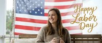Young Caucasian woman in beige sweater sitting on porch swing with American flag backdrop celebrating Labor Day holiday with patriotic decorations and text.