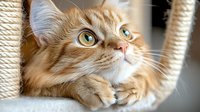 Ginger cat with bright yellow eyes resting in woven cat furniture, close-up portrait showing fluffy fur and attentive expression. For pet care and animal blogs.