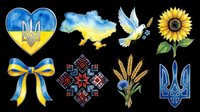 Isolated Ukraine symbols collection featuring heart with trident, map, dove, sunflower, ribbon bow, ornament, wheat and coat of arms on transparent background. Ready for t-shirts, clipart, stickers and print-on-demand designs.