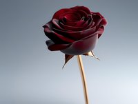 Single dark red rose with delicate petals on wooden stem against neutral gray background, dramatic lighting emphasizes flower's rich texture and depth.