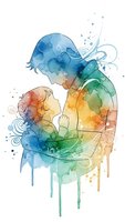 Watercolor father holding baby silhouette with rainbow colors and decorative swirls on white background for family designs and parenting concepts.
