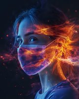Asian woman wearing protective face mask surrounded by glowing orange and blue flame effects, sparks and energy on dark background. Dramatic medical concept.