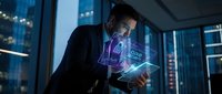 Businessman in dark suit holding glowing digital tablet with holographic interface and data visualization in modern office with city skyline at night.