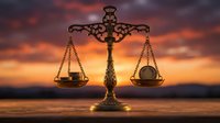 Ornate golden scales of justice with coins balanced against dramatic sunset sky, symbolizing law, fairness, and financial equity in legal concepts.