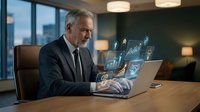 Senior businessman analyzing digital financial data and holographic charts on laptop in modern office environment for corporate technology solutions.