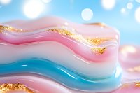 Abstract wavy pattern in soft pink and blue colors with golden glitter accents against blurred bokeh background creates dreamy, fluid aesthetic for modern design projects.