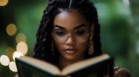 Young African American woman wearing glasses and gold earrings reading book with soft bokeh lights in background, creating atmospheric literary moment.