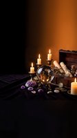 Mystical fortune telling setup with crystal ball, burning candles, ancient scrolls and gemstones creating atmospheric divination scene for spiritual practices.