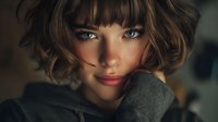 Young woman with short wavy brown hair and bangs, intense blue eyes, and natural makeup, resting chin on hand in soft, moody lighting.