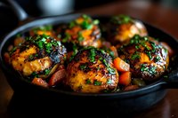 Juicy grilled chicken thighs with caramelized glaze in cast iron skillet, garnished with fresh herbs and roasted vegetables, served family style.