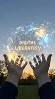 Hands releasing glowing digital icons and data symbols into sky representing freedom from technology addiction and digital detox concept.