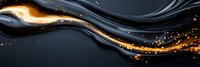 Abstract black and gold wave design with glowing sparkles and flowing dynamic curves against dark background, luxury modern banner style composition.