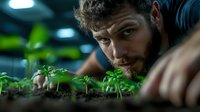 Young bearded Caucasian male farmer examining small green seedlings growing in soil under artificial light, focused on sustainable agriculture and plant growth monitoring.