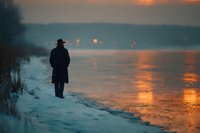 Solitary figure walking along snowy winter shoreline at sunset with warm golden light reflecting on water creating peaceful contemplative mood.