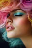 Close-up portrait featuring vibrant rainbow hair, turquoise eyeshadow, and soft pink lips against dark background. Professional makeup artistry showcases creative beauty trends.