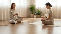 Two women practicing meditation together in peaceful home studio with natural light and plants creating serene wellness atmosphere.