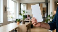 Man holding blank white card in modern office with plants and natural light, suitable for business messaging and corporate branding applications.