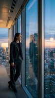 Woman in dark business suit standing by floor-to-ceiling windows in high-rise office, gazing at cityscape at sunset. Corporate professional contemplating urban skyline from modern skyscraper interior.