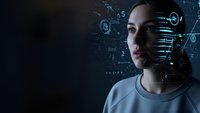 Young woman with digital interface overlay and futuristic holographic data projections on dark background for technology and AI concepts.