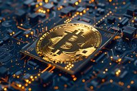 Golden bitcoin coin on illuminated circuit board with glowing digital network connections, representing cryptocurrency technology, blockchain finance, and digital currency investment opportunities.