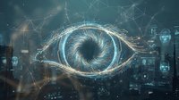Futuristic digital eye with glowing neural network connections over a dark city background, symbolizing AI surveillance and cyber vision technology.
