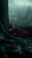 Red roses on windowsill against rainy window glass with water drops and streaks creating moody dark atmosphere. Dramatic lighting enhances melancholic composition.