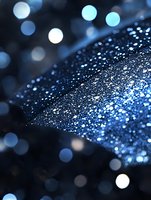Raindrops on dark surface with blue bokeh lights creating magical atmosphere. Close up macro photography shows water droplets reflecting light in night setting.