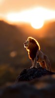 Majestic male lion standing on rock at sunset, backlit mane glowing golden in evening light, silhouetted against dramatic African sky, wildlife photography concept.