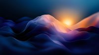 Ethereal mountain landscape at sunset with smooth flowing curves in deep blue and orange tones creating dreamy abstract terrain with glowing sun.