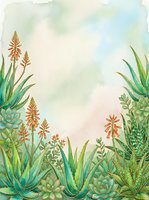 Watercolor succulent and aloe garden with orange blooms on soft pastel background, botanical art for prints, cards, and wall decor.