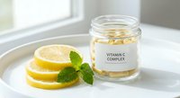 Vitamin C complex capsules in glass jar beside fresh lemon slices and mint leaves on white plate, natural supplement concept.