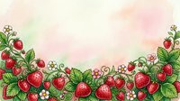 Strawberry plants with ripe red berries and green foliage arranged along bottom border on soft watercolor background, isolated design element suitable for greeting cards, packaging, and decorative projects.