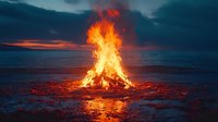 Dramatic bonfire burning brightly on beach at sunset, orange flames reflecting in wet sand against dark moody sky and ocean background, creating atmospheric scene.