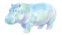 Watercolor hippopotamus in soft pastel tones of blue, green, and purple, rendered in a gentle, translucent style for children's illustrations and nursery decor.