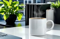 Steaming white coffee mug on modern desk with laptop and green plants, morning workspace setup in natural light, minimalist office environment.