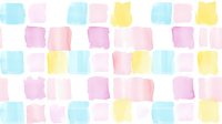 Soft watercolor squares in pastel pink, yellow and mint green create gentle geometric pattern on white background, seamless repeat design for fabric and paper.