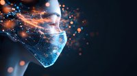 Glowing protective face mask with digital network pattern and orange light particles, representing healthcare technology and virus protection in dark background.