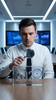 Young Caucasian male professional in white shirt examining 2024 target with magnifying glass in modern office with digital screens and neon lighting.