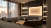 Modern luxury office interior with leather armchairs and illuminated wall panel creating sophisticated business meeting space for corporate design.