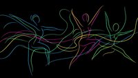 Colorful neon line art dancers in motion on black background. Abstract human figures dancing with flowing movements in vibrant glowing outlines.