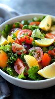 Fresh garden salad with juicy tomatoes, crisp lettuce, lemon wedges and herbs served in white ceramic bowl on dark background. Healthy Mediterranean cuisine.